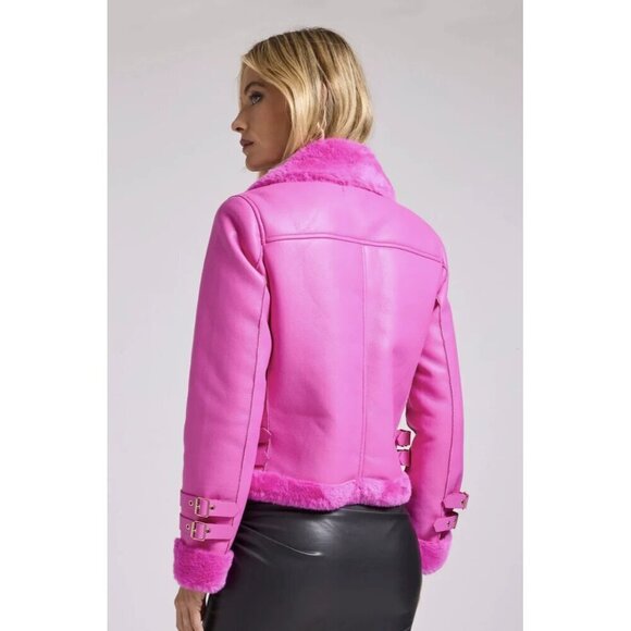 Generation Love Dion Faux Fur Shearling Moto Jacket in Hot Pink Size XS NWT $395 - Picture 3 of 7